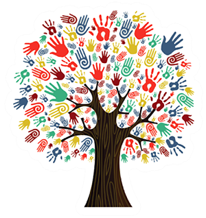 Children with a tree and hands illustration